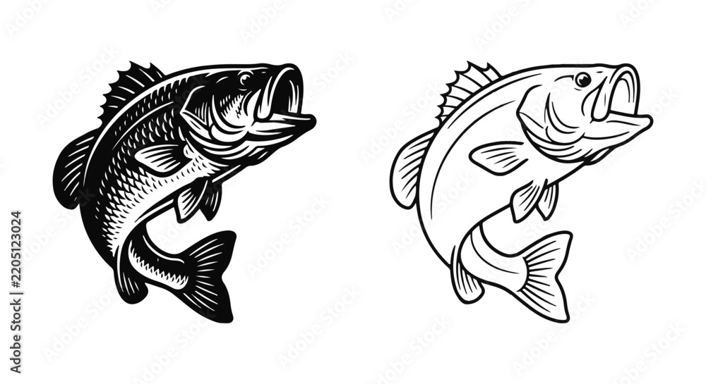Fototapeta premium Jumping bass fish depicted in solid black and outlined engraving style illustrations with fishing icon fish illustration fishing sport fish silhouette line art