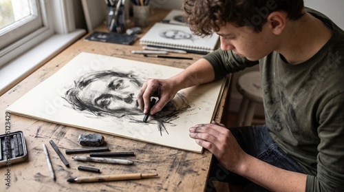 Young artist creating a charcoal portrait drawing at a wooden desk with art supplies
