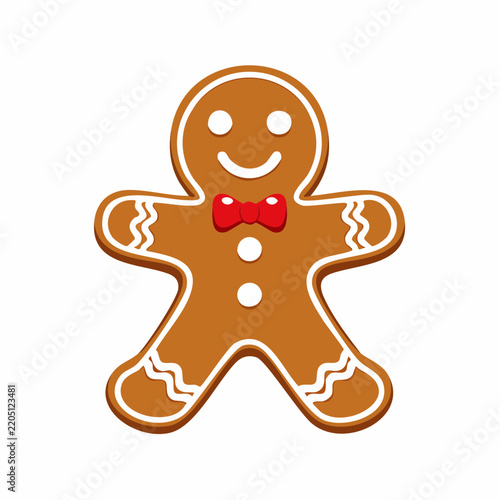 Gingerbread man cookie with white icing dots and a red bow tie