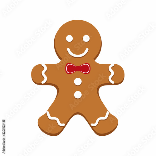 Gingerbread man cookie with white icing dots and a red bow tie