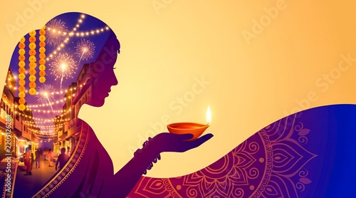 Happy Diwali double exposure concept banner with copy space. Silhouette of Indian woman holding a burning diya oil lamp, filled with festive street night view, fireworks and garlands on yellow backgro