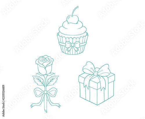 Set of teal line art icons featuring a delicious cupcake with a cherry, a romantic rose with a ribbon, and a wrapped gift box, isolated on a transparent background for celebratory designs.