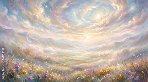 Dreamy ethereal landscape with wildflowers and swirling pastel clouds