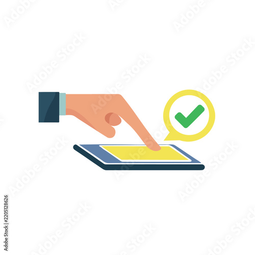 Flat vector illustration of a hand touching a tablet screen with a check mark, representing digital confirmation, approval, verification, and successful completion.