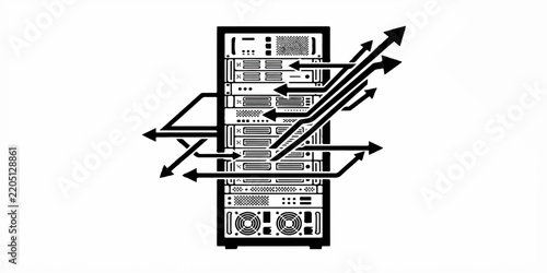 Server rack with outgoing arrows representing data flow and network expansion on a clean white background