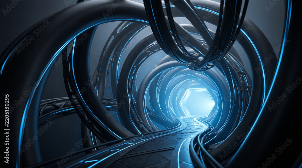 Obraz premium Spiral architectural corridor with glowing blue light rendered in 3d
