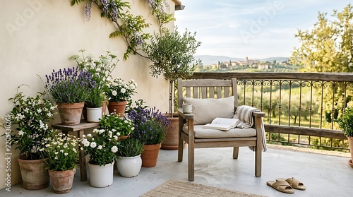 A beautiful Mediterranean-style balcony adorned with numerous potted plants and flowers, featuring a comfortable wooden chair with a book, overlooking a scenic hilly landscape.