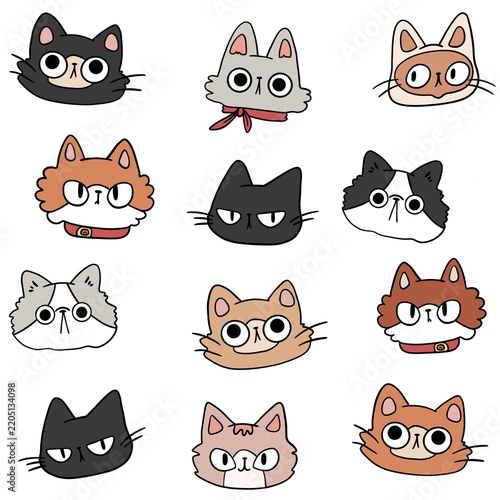 set of funny cats, doodle illustration of cats pattern 