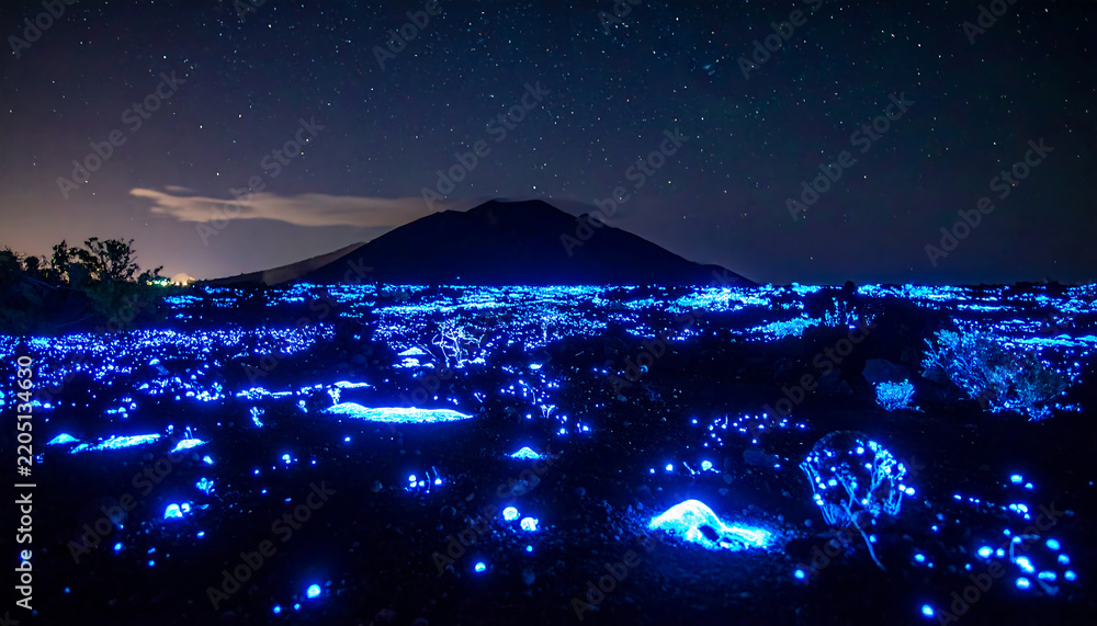 Fototapeta premium Magical Night Landscape with Bioluminescent Plants and Starry Sky Over Mountain