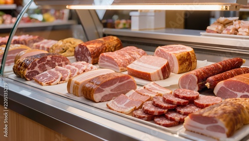 A close-up of various cured meats, smoked sausages, ham, bacon, and pork cuts displayed on glass shelves inside a butcher shop and delicatessen market showcase during retail food sales