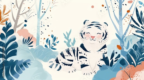 Minimalist abstract illustration of a cute charming white polar tiger sitting in a stylized pastel forest with artistic foliage and trees.