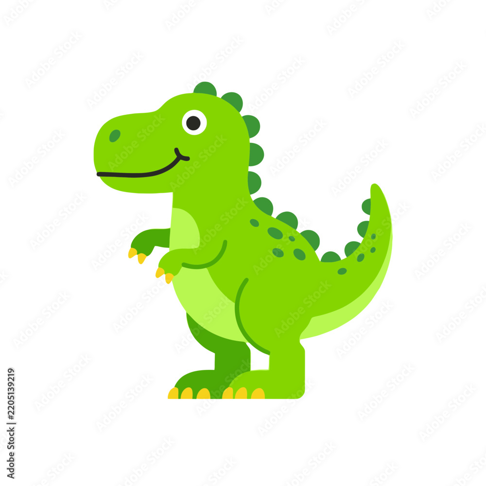 Obraz premium Cute green cartoon t-rex dinosaur standing on white background