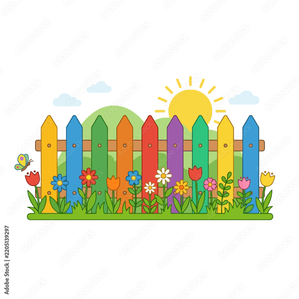 Obraz premium Rainbow wooden fence and garden flowers under bright summer sun