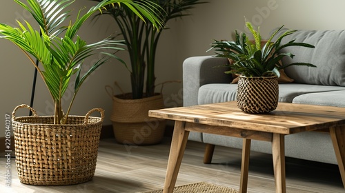 Minimalist living room interior featuring a rustic wooden coffee table, green houseplants in woven wicker baskets, and a cozy grey sofa under bright natural lighting.