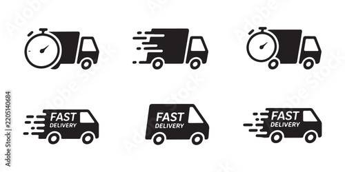 Fast delivery van and truck service icons with speed motion lines for express shipping companies.