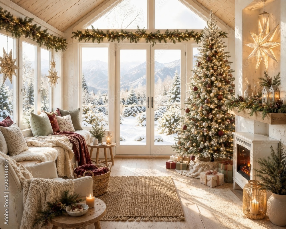 Fototapeta premium Cozy Christmas living room with snowy mountain views