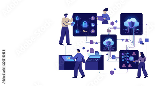 Cybersecurity and Data Protection Concept Illustration with IT Professionals Monitoring Network Security Systems