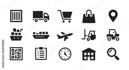 Logistics and shipping icon collection showing transportation delivery and warehouse supply elements.