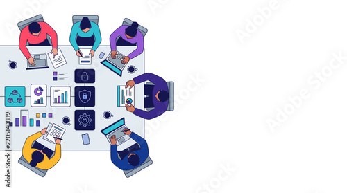 Corporate Team Collaboration on Cybersecurity and Data Analysis Strategy, Top-Down View Flat Illustration of Business Meeting with Digital Security Icons