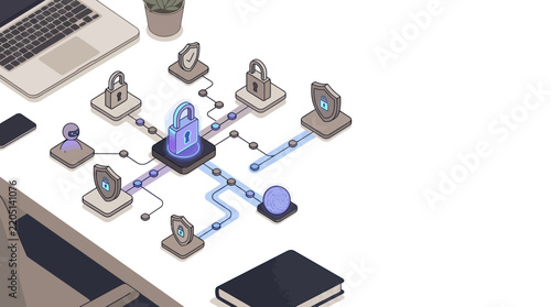 Isometric Cybersecurity and Data Protection Network Illustration with Padlocks, Shields, and Biometric Authentication on Business Desk