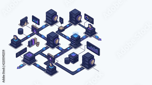 Isometric Illustration of Cybersecurity Network Infrastructure with Cloud Server Racks, Firewalls, and Data Protection Shields