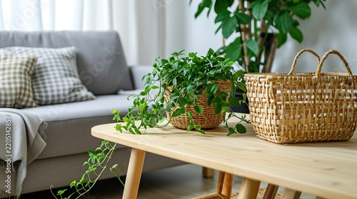 Minimalist wooden coffee table in a bright living room featuring a green houseplant in a woven pot and an empty wicker basket with handles against a soft blurred sofa background.