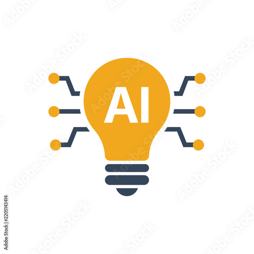 Artificial intelligence flat icon isolated on white background. Minimalist vector illustration of lightbulb with AI text and circuit connections