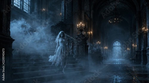 Ghostly woman in white dress walking down dark gothic mansion stairs with fog and candlelight