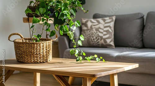 Modern wooden coffee table in a sunlit living room featuring a trailing houseplant in a wicker basket with a cozy grey sofa and patterned pillow in the background.