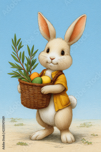 Illustrated white rabbit wearing yellow clothing and carrying a woven basket filled with colorful eggs and greenery on sandy ground outdoors