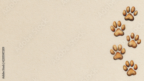 Four brown animal paw prints ascending diagonally across textured beige background with ample negative space, rustic wildlife trail motif and natural impressionist surface design