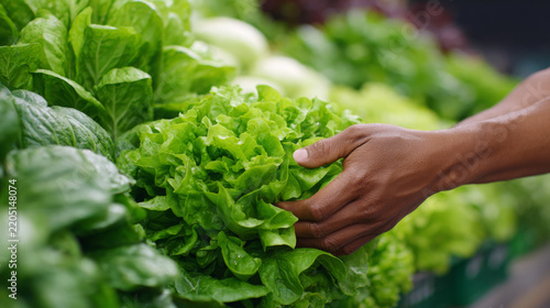 Hands holding fresh green lettuce among leafy vegetables, close view of vibrant produce with natural texture and layered foliage in a garden or farm setting