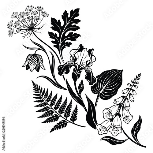 Decorative Botanical Floral Illustration Featuring Elegant Black and White Ink Style Iris Fern and Wildflower Composition for Sophisticated Graphic Design Projects