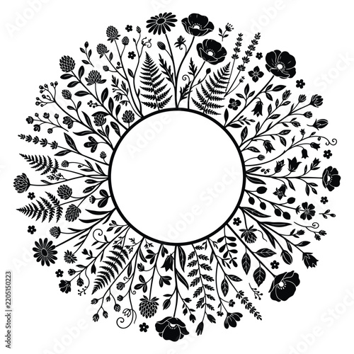 Elegant Floral Wreath Frame Featuring Black Silhouette Wildflowers Ferns and Botanical Elements Isolated on White Background for Decorative Designs and Invitations