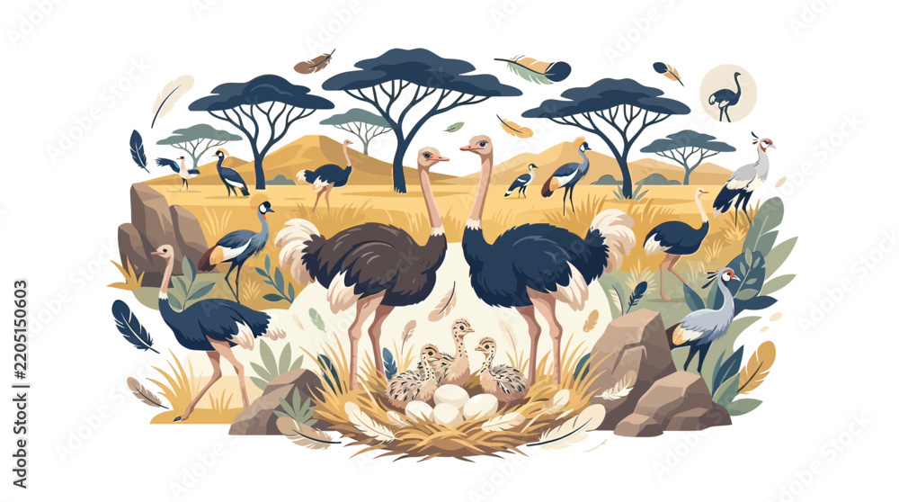 Obraz premium Flat Vector Illustration of Ostrich Family with Chicks and Eggs in African Savanna Landscape Background