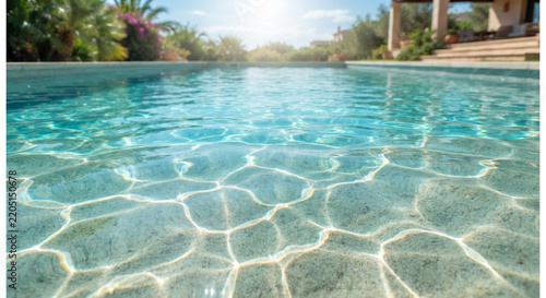 Clear swimming pool water surface with sun reflections outdoor
