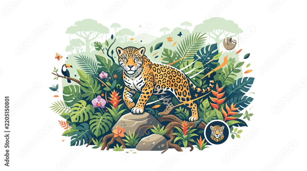 Obraz premium Exotic Jaguar Wild Cat Standing in Tropical Rainforest with Monstera Leaves and Lush Jungle Foliage