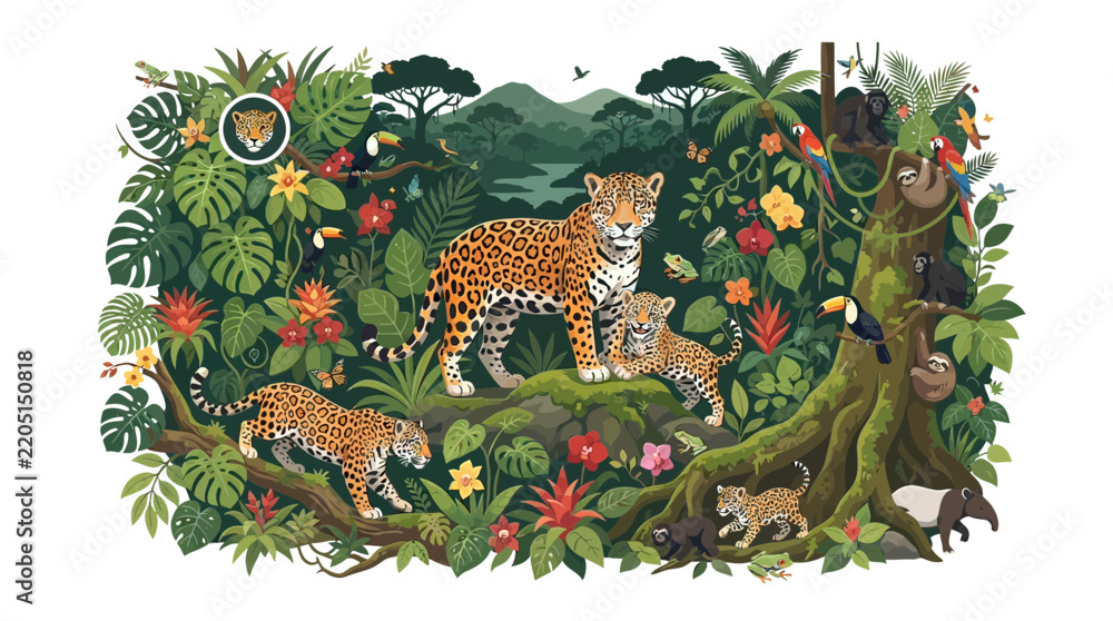 Obraz premium Tropical Rainforest Wildlife Illustration Featuring Jaguar Family, Monkeys, Toucans and Exotic Plants