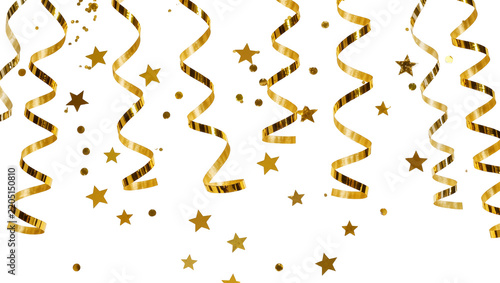 Golden streamers and star confetti falling, isolated on transparent background