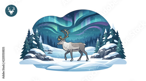 Reindeer Walking Through Snowy Winter Forest Landscape with Vibrant Aurora Borealis Vector Illustration