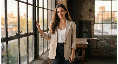 Young woman in beige blazer standing by industrial window corporate