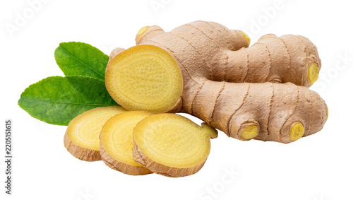 Whole and sliced ginger root with green leaves, isolated on transparent background