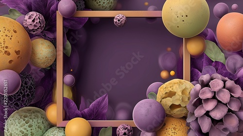 3D square metallic frame surrounded by easter eggs abstract spheres and sculpted flowers with copy space