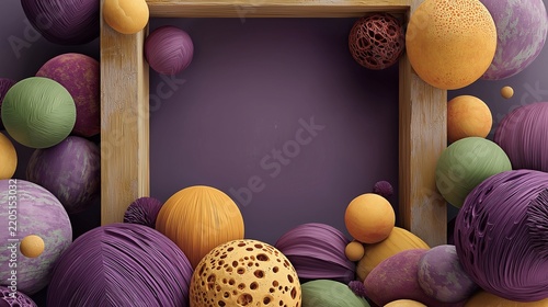 3D rectangular wooden frame surrounded by abstract textured spheres and geometric balls with central copy space