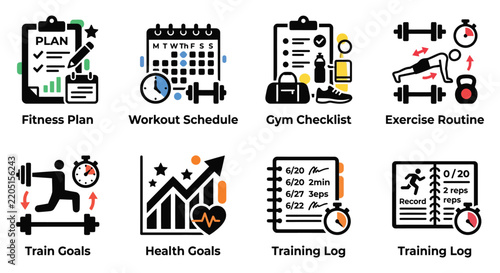 Fitness plan icon set dark blue flat vector illustrations on a white background