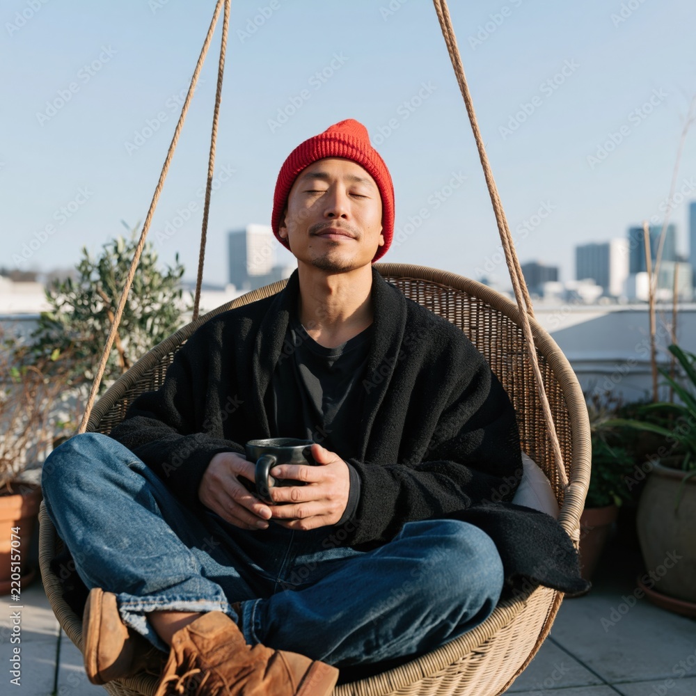 Obraz premium Woven swing chair meditation with red beanie man holding a mug on a rooftop for mindfulness background and calm lifestyle design