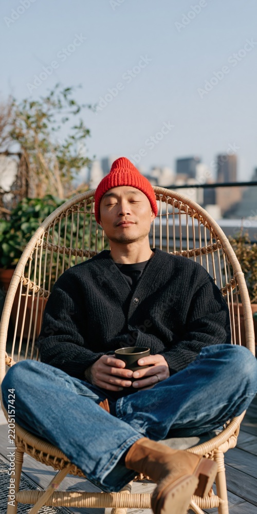 Obraz premium Man meditating on rooftop rattan chair holding a cup wearing a red beanie with skyline view for mindfulness poster and calm background