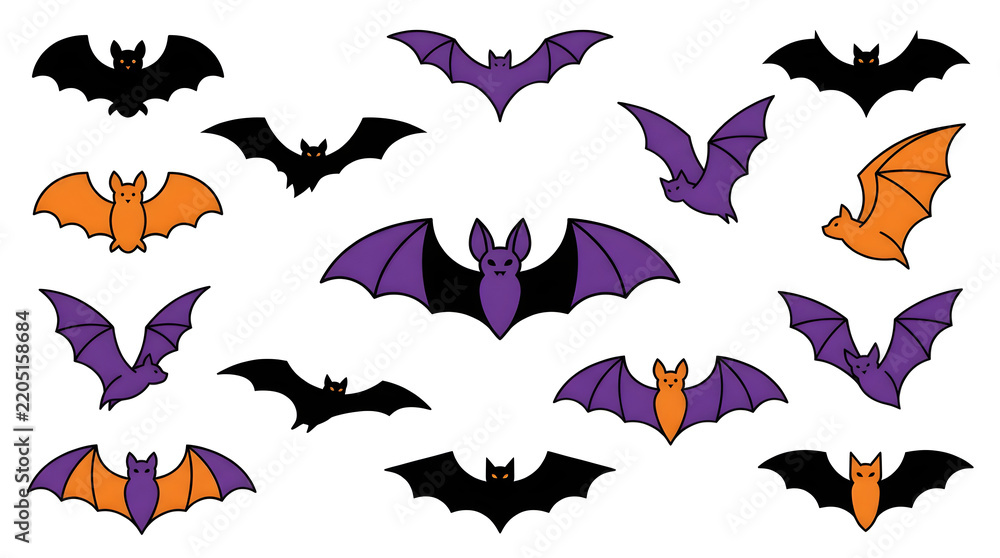 Fototapeta premium Set of halloween bats in flat vector style with black purple and orange colors flying in different poses isolated on white background
