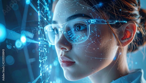 Futuristic woman with augmented reality glasses immersed in digital world.