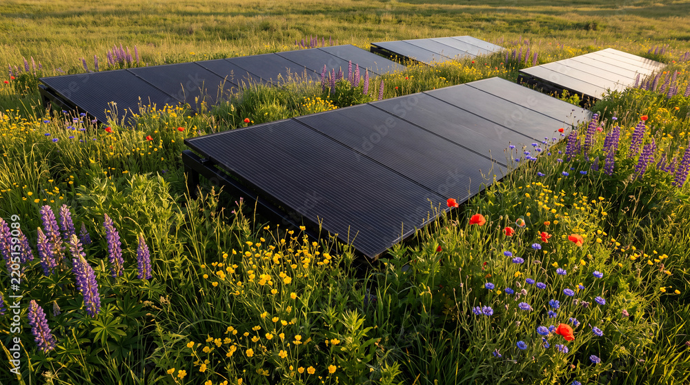 Obraz premium Solar panels installed in a lush meadow filled with colorful wildflowers and green grass reflecting a commitment to sustainable energy and environmental conservation in nature
